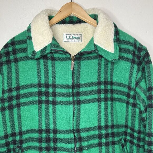 Vintage LL Bean Wool Plaid Jacket Sherpa Lined Green Zip Coat USA Made Large - Picture 2 of 10